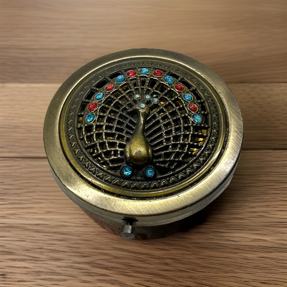 Vintage 2.75" Peacock Compact Mirror Rhinestone Accent Double Mirror Brass‎ Tone